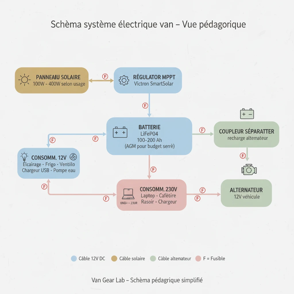 schéma système électrique van : panneau solaire, régulateur MPPT, batterie LiFePO4, onduleur et consommateurs 12V